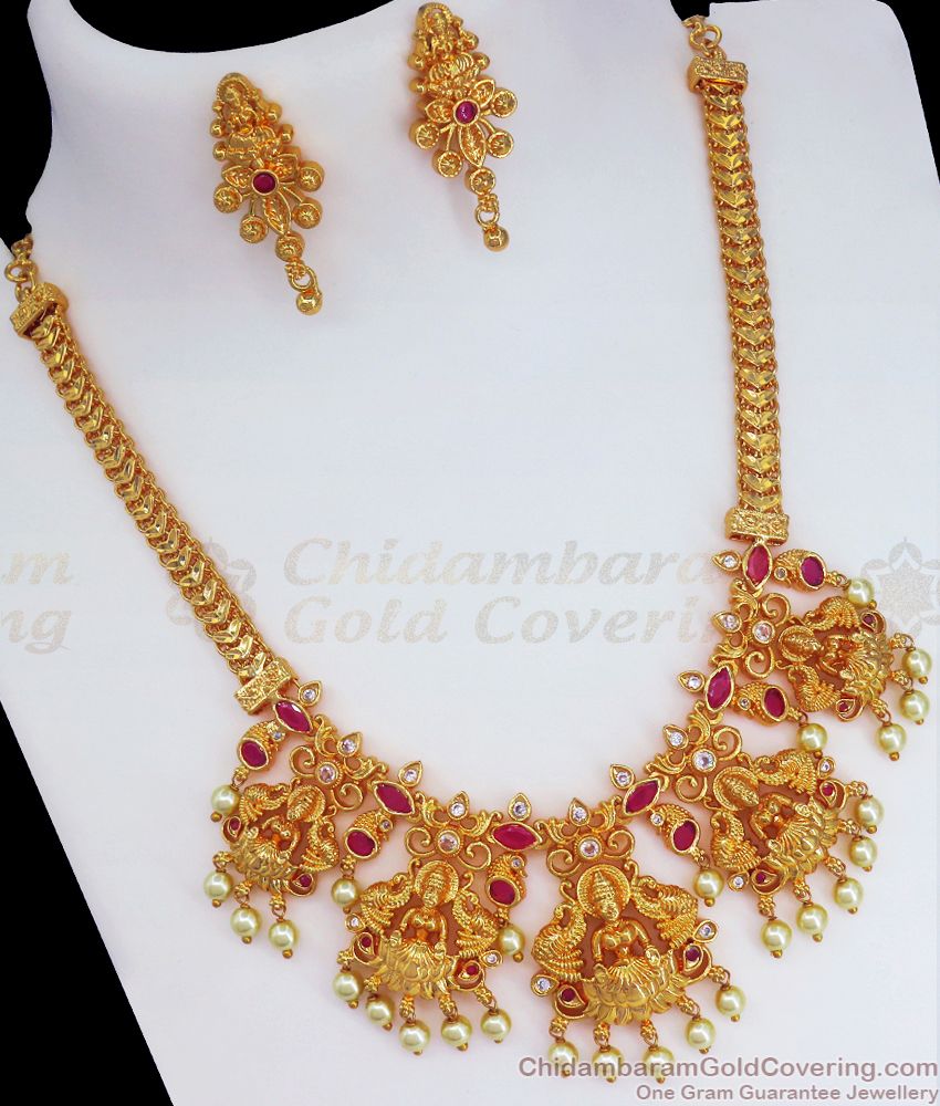 Grand Lakshmi Design Gold Bridal Necklace With Pearl Beads NCKN2574