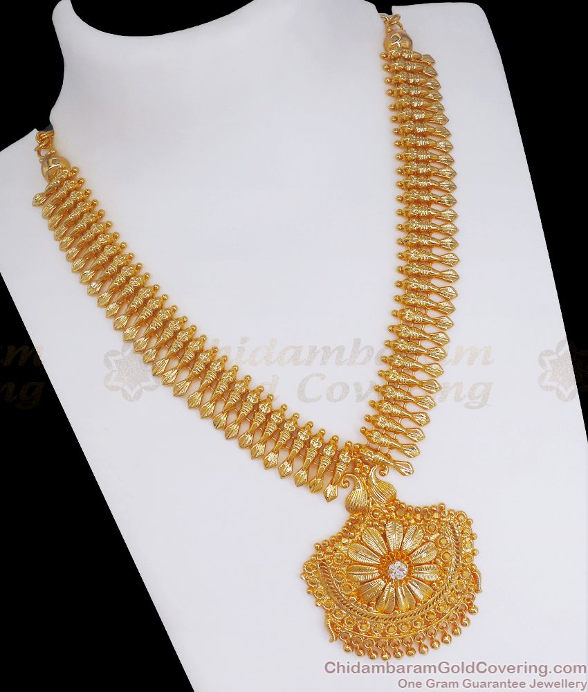 Peacock Design Gold Covering Necklace With White Stone NCKN2582