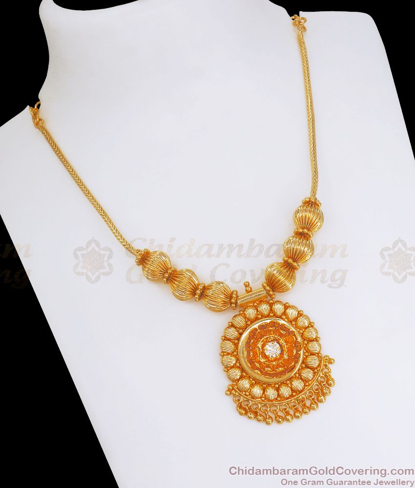 Grand Floral Design Real Gold Necklace White Stone NCKN2594