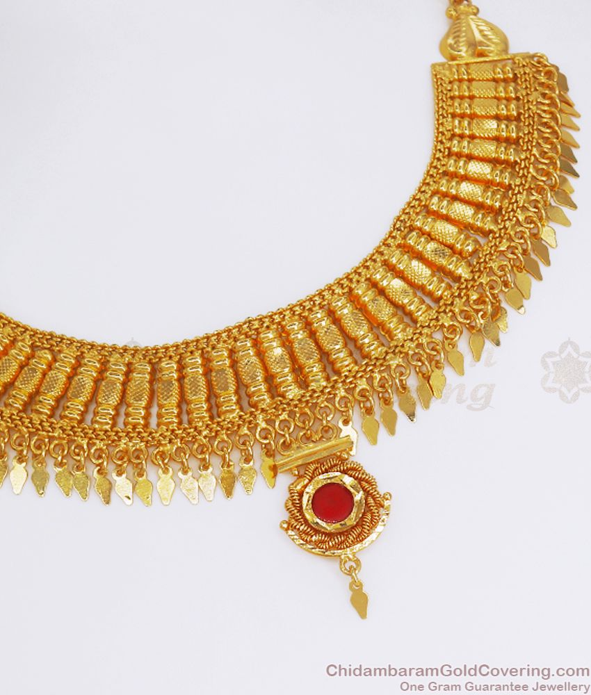 Kerala Elakkathali Gold Necklace With Red Palakka Stone NCKN2610