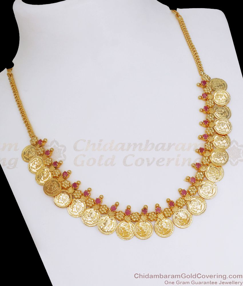 One Gram Gold Lakshmi Coin Necklace With Ruby Stone NCKN2612