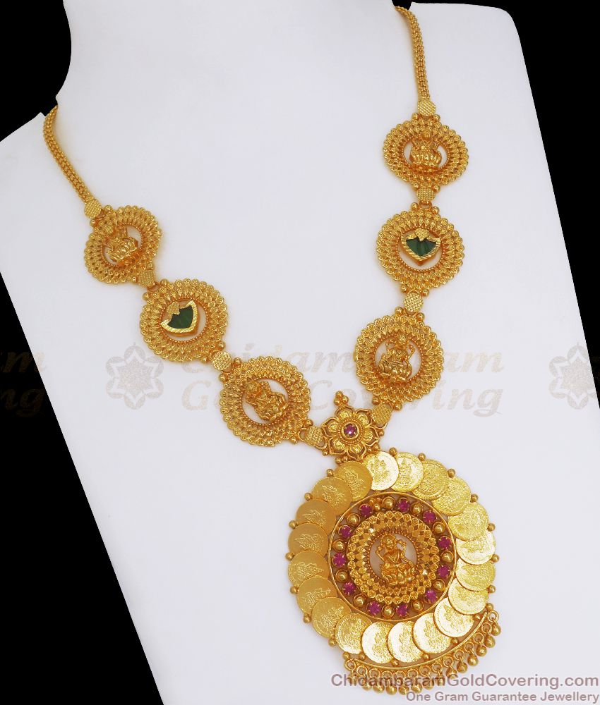 Grand Lakshmi Design Gold Plated Necklace With Palakka Stone NCKN2615