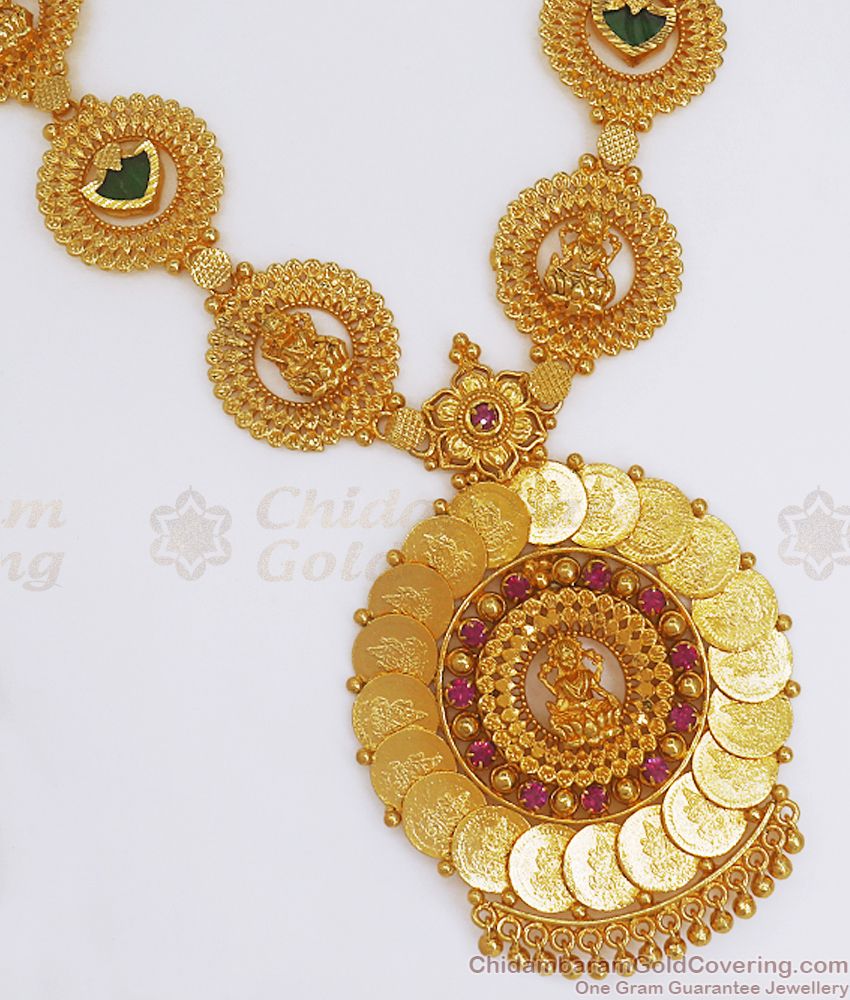 Grand Lakshmi Design Gold Plated Necklace With Palakka Stone NCKN2615