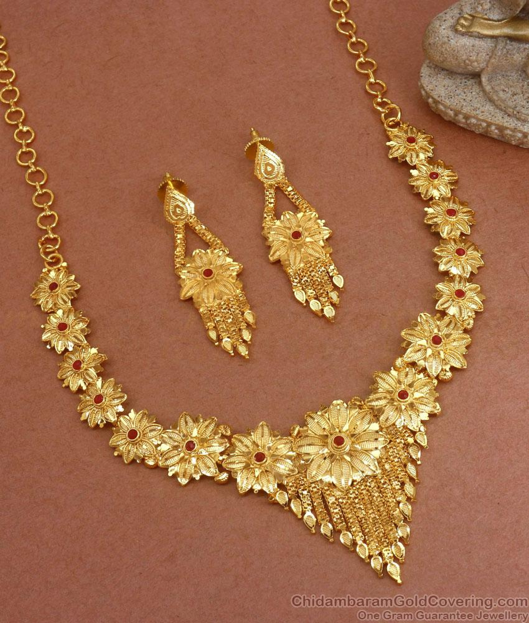 Floral Close Neck Forming Gold Necklace Earring Ruby Stone Combo ...