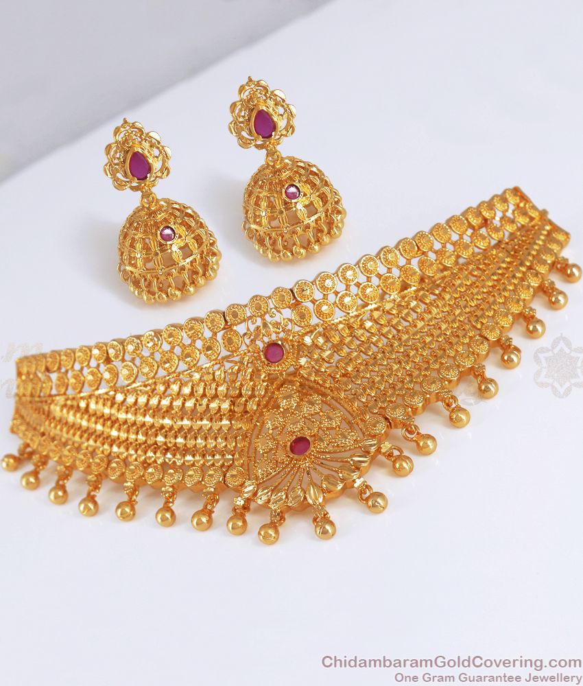 One Gram Gold Choker Necklace Earring Set Ruby Stone NCKN2708