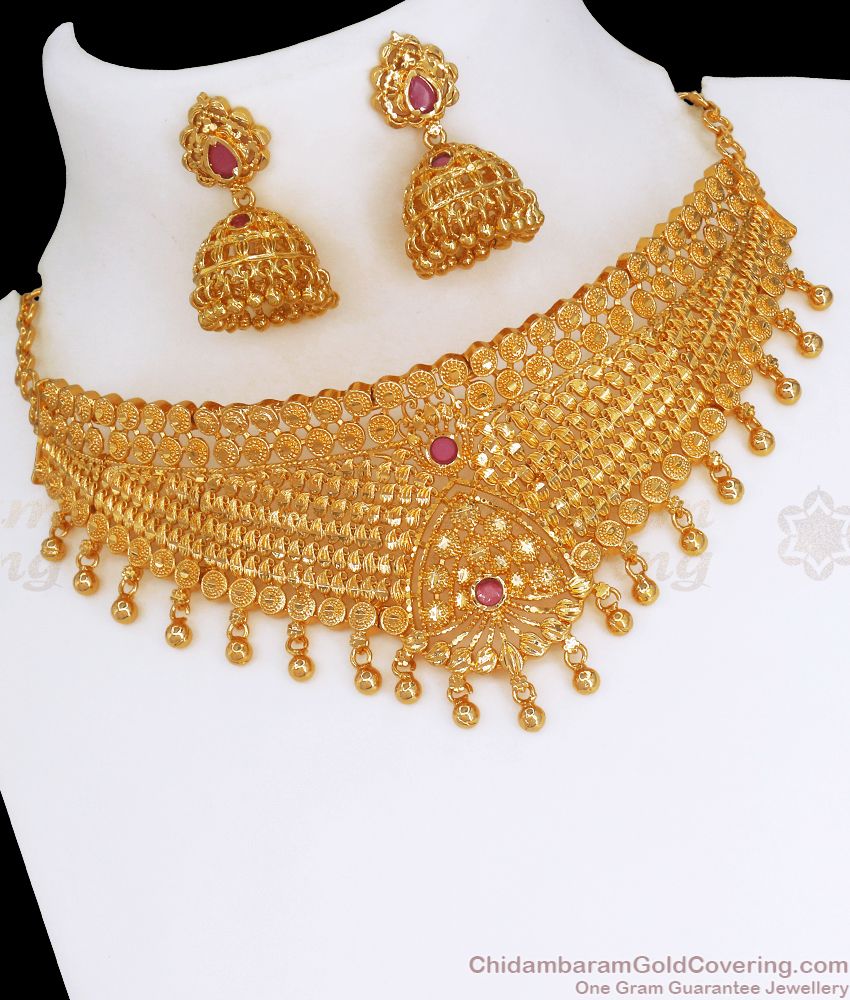 One Gram Gold Choker Necklace Earring Set Ruby Stone NCKN2708