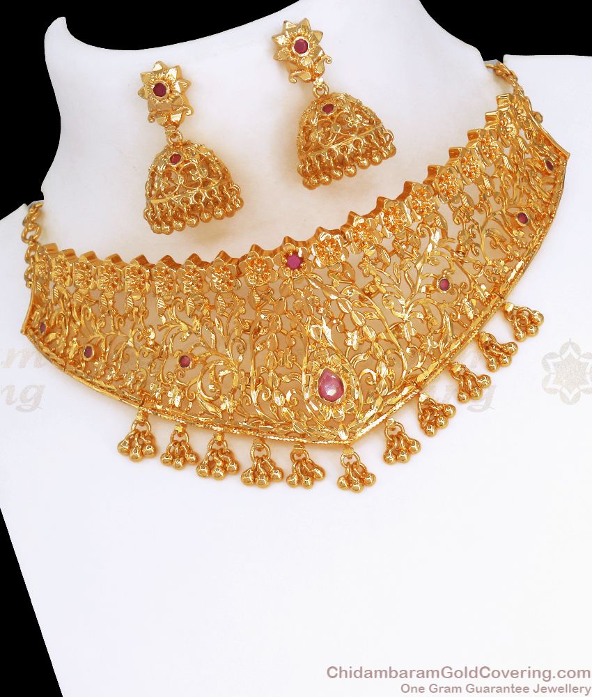 1 Gram Gold Choker Necklace Earring Combo Floral Design NCKN2710