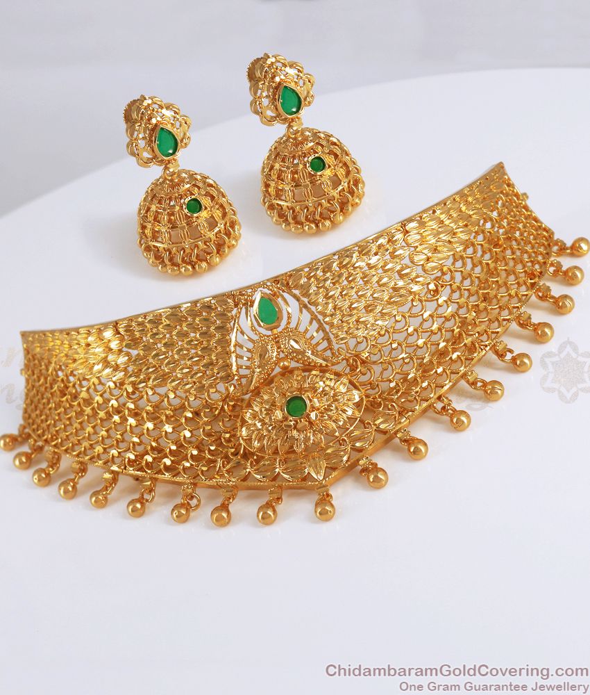 Emerald Stone Gold Imitation Choker Necklace Earring Combo NCKN2712