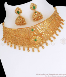 Emerald Stone Gold Imitation Choker Necklace Earring Combo NCKN2712