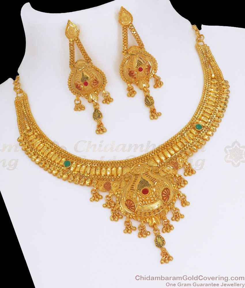 Gold Forming Close Neck Necklace Meenakari Pattern Combo Set NCKN2743