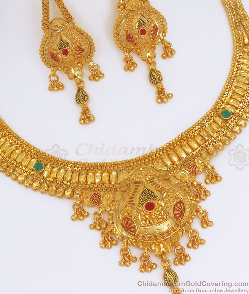 Gold Forming Close Neck Necklace Meenakari Pattern Combo Set NCKN2743