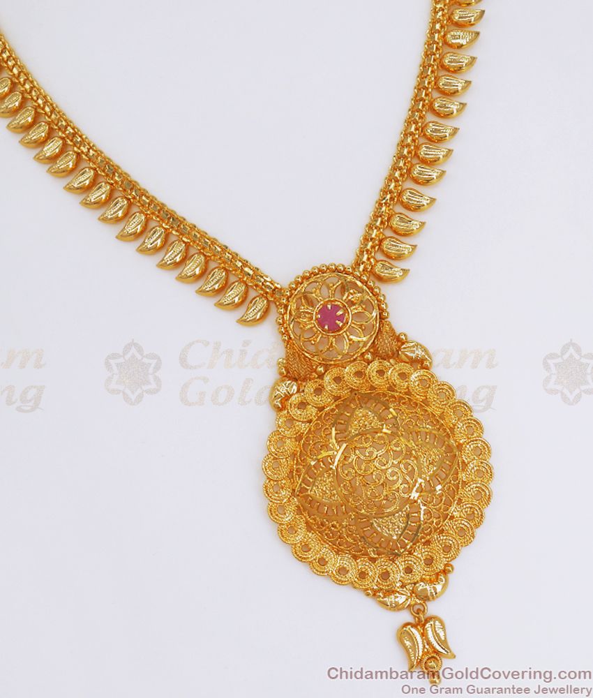 One Gram Gold Necklace Leaf pattern Ruby Stone Shop Online NCKN2758