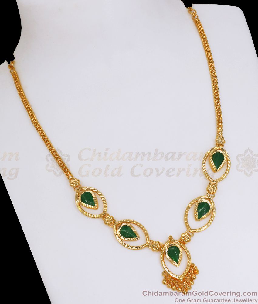 Majestic Green Palakka One Gram Gold Necklace Droplet Design NCKN2762