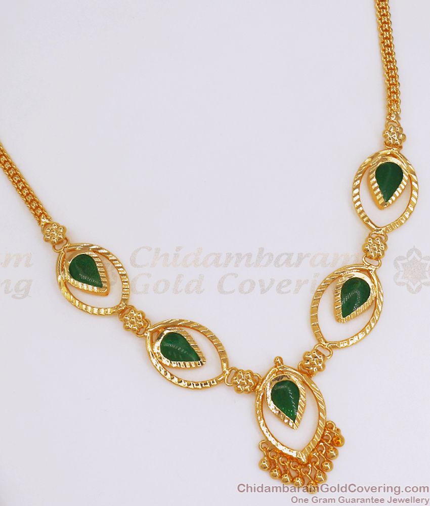 Majestic Green Palakka One Gram Gold Necklace Droplet Design NCKN2762
