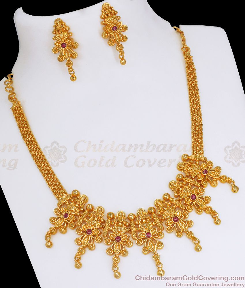 1 Gram Gold Necklace Earrings Set Lakshmi Pattern Kemp Jewelry NCKN2764
