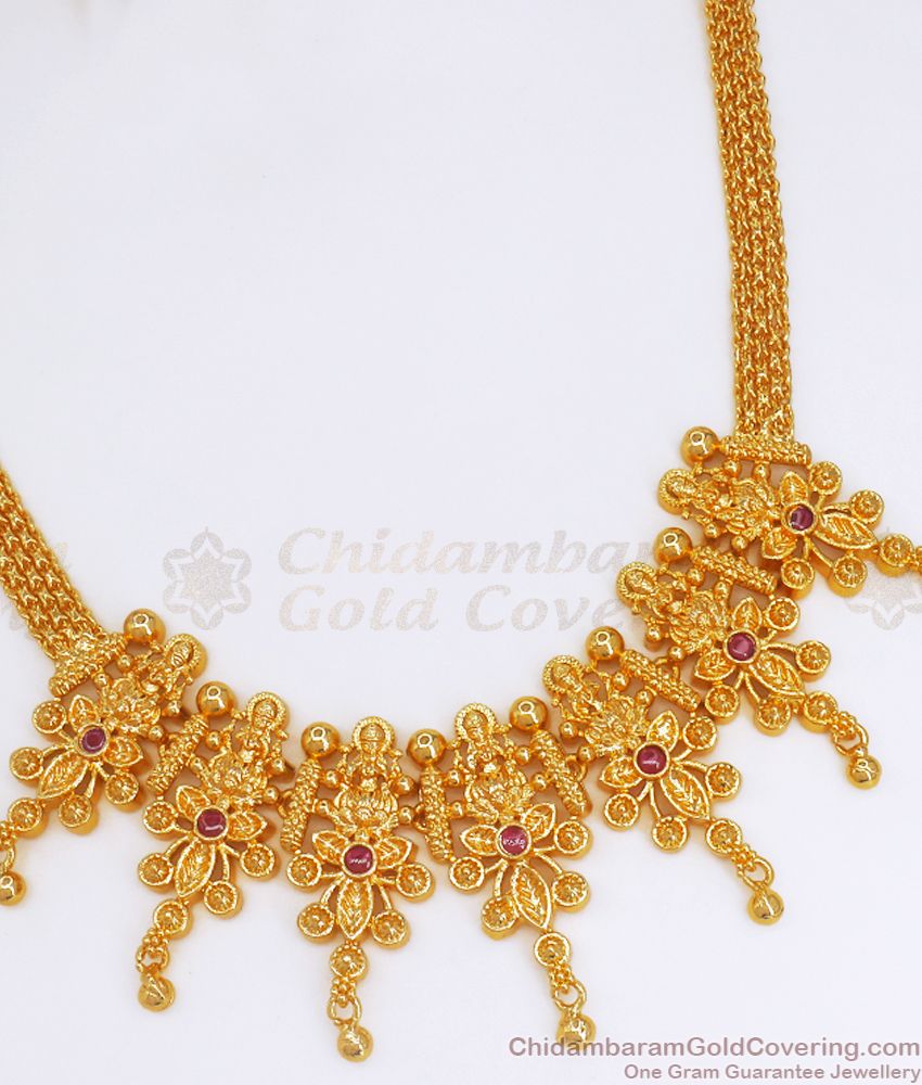 1 Gram Gold Necklace Earrings Set Lakshmi Pattern Kemp Jewelry NCKN2764