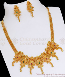 One Gram Gold Lakshmi Necklace Earrings Set Pattern Multi Stone NCKN2765 One Gram Gold Lakshmi Necklace Earrings Set Pattern Multi Stone NCKN2765