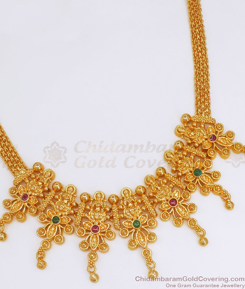 One Gram Gold Lakshmi Necklace Earrings Set Pattern Multi Stone NCKN2765