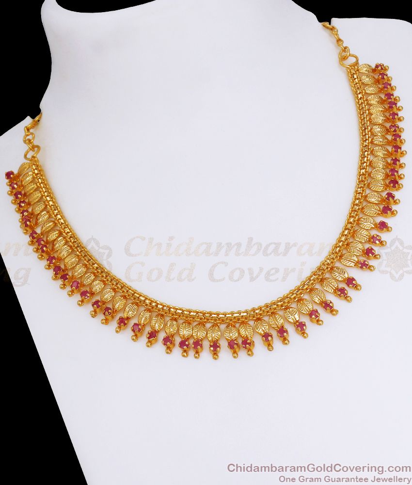 Traditional Kerala Design Gold Imitation Necklace Ruby Stone Malai NCKN2775
