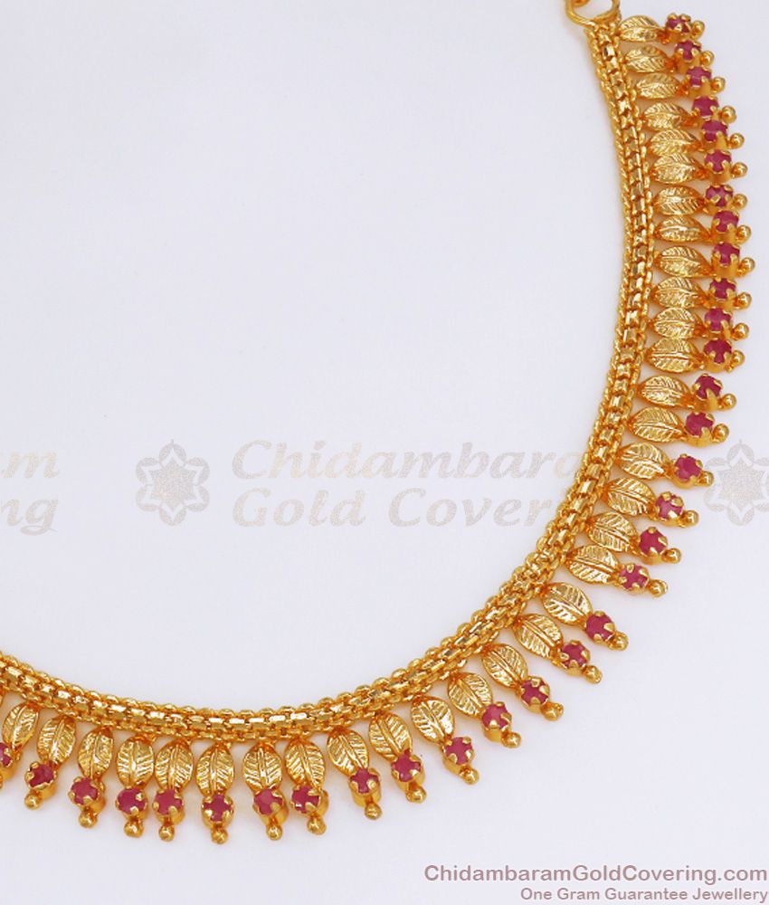 Traditional Kerala Design Gold Imitation Necklace Ruby Stone Malai NCKN2775