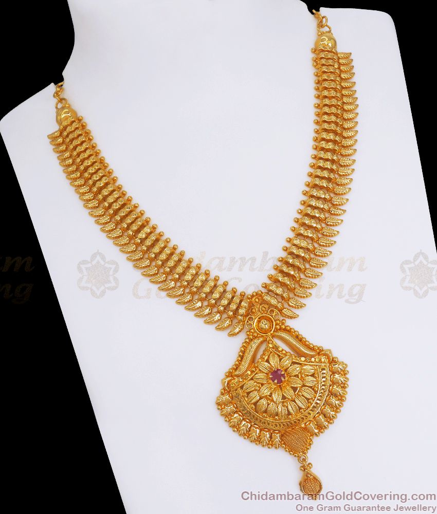 Gold Plated Heavy Necklace Ruby Stone Bridal Design Kerala Pattern NCKN2785