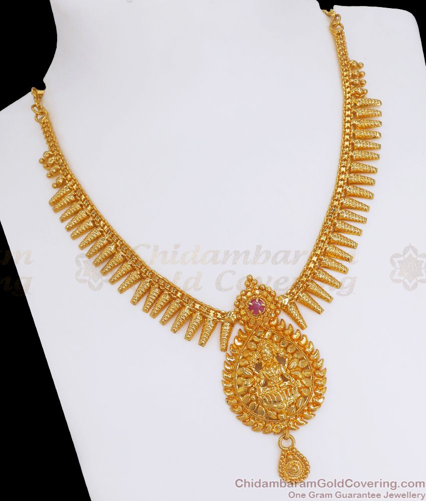 Goddess Lakshmi Pendant Gold Plated Necklace Ruby Stone NCKN2786