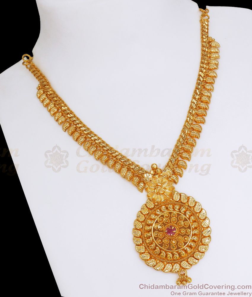 Womens Bridal Gold Necklace Leaf Pattern Ruby Stone NCKN2788