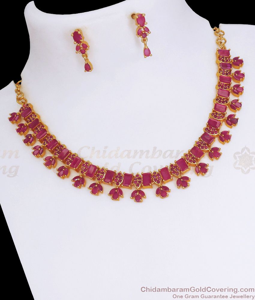 High On Fashion Full Ruby Stone Gold Plated Necklace Set NCKN2790