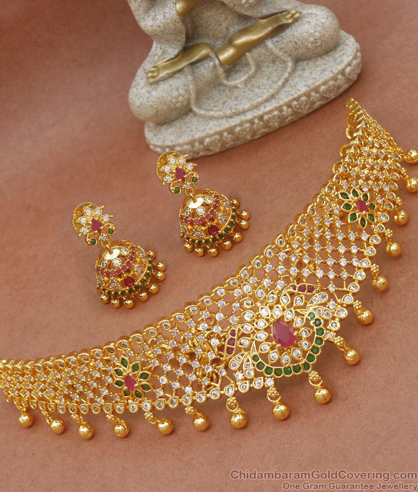 Cz Stone Gold Small Choker Necklace Jhumki Earring Combo Set NCKN2796