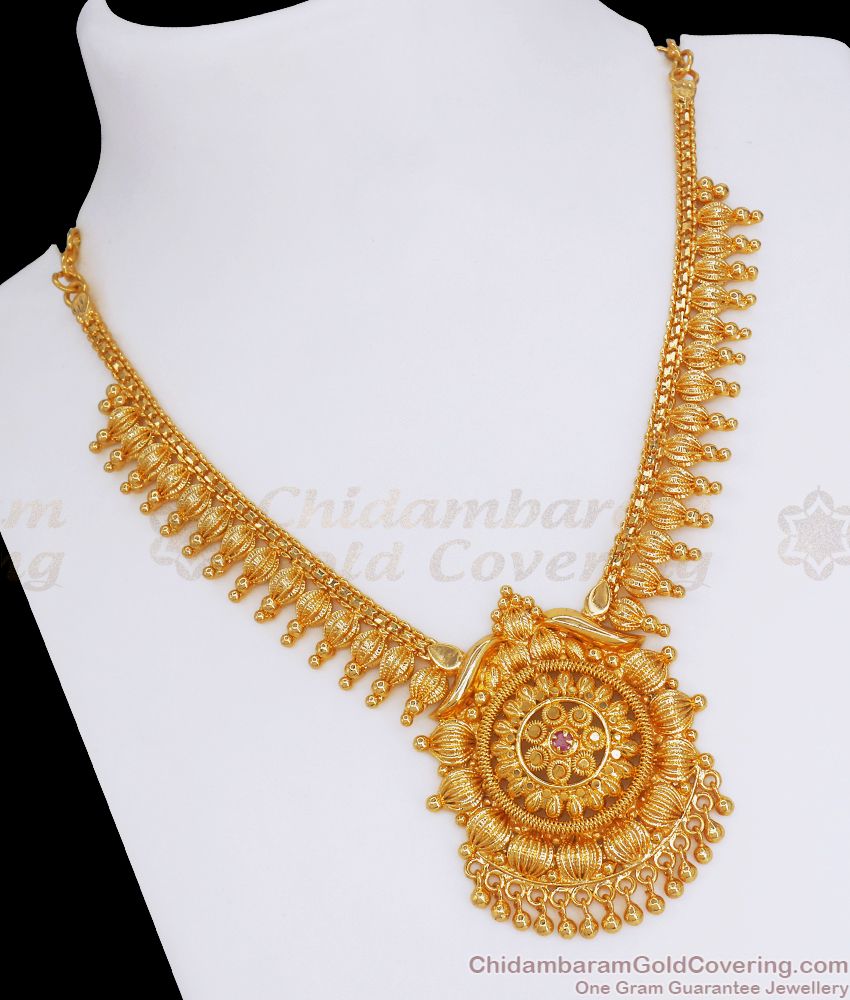 22kt Gold Plated Kerala Necklace Single Ruby Stone Design Bridal Wear NCKN2805