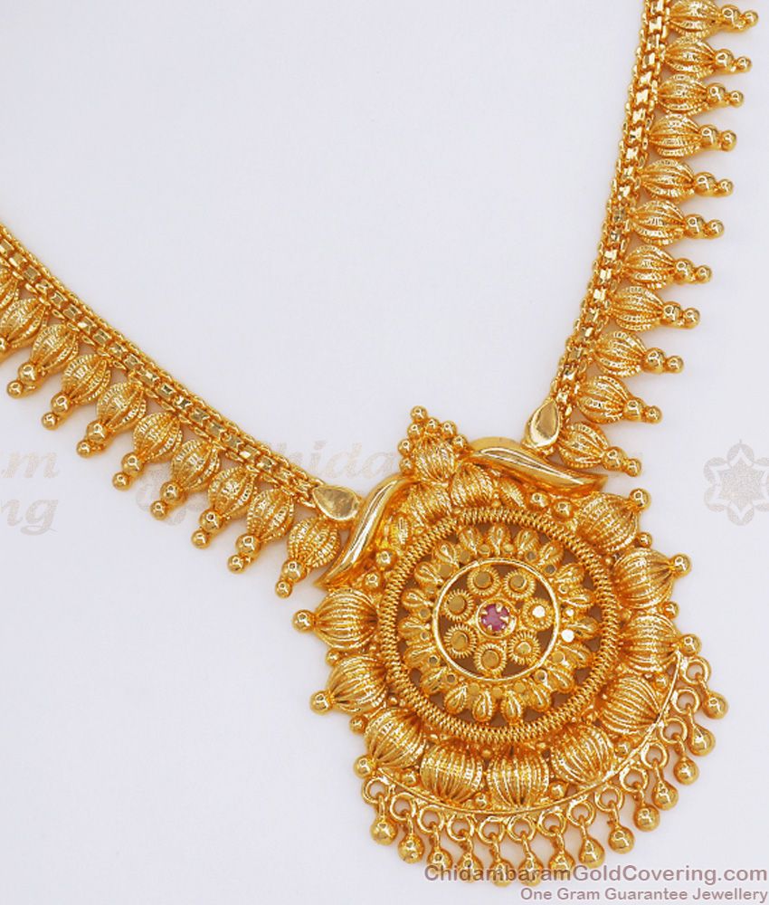 22kt Gold Plated Kerala Necklace Single Ruby Stone Design Bridal Wear NCKN2805