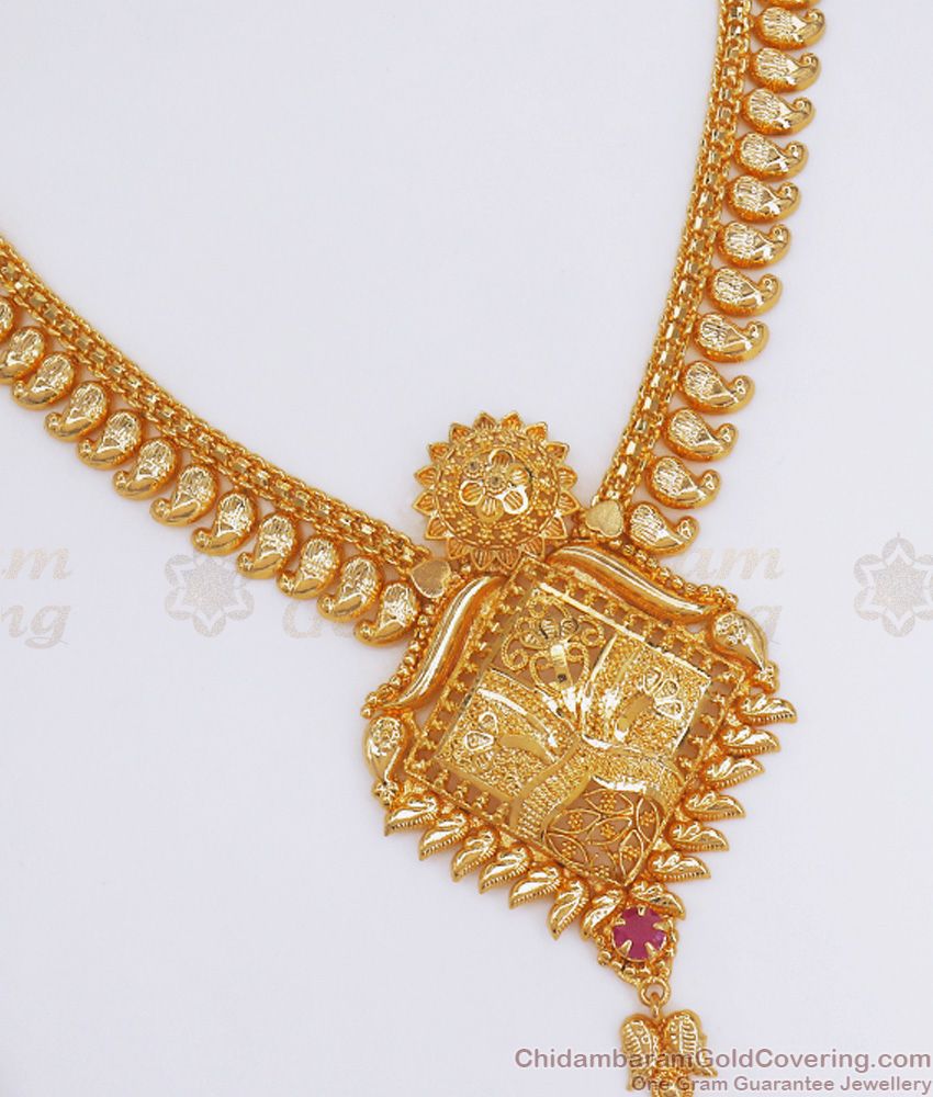 Attractive One Gram Gold Necklace Mango Design Ruby Stone Pattern NCKN2806