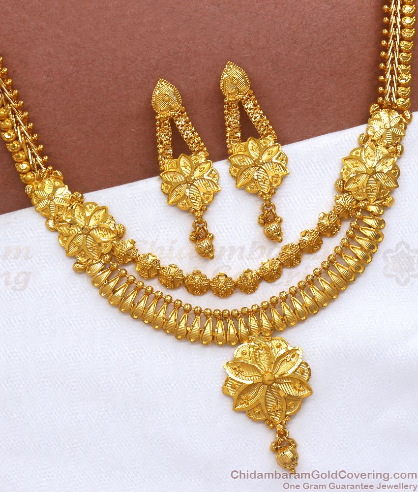 Real Gold Pattern Bridal Necklace Forming Pattern Combo Set NCKN2813