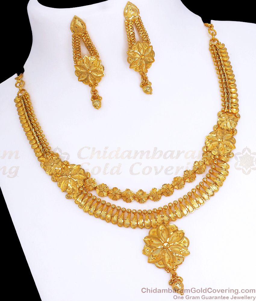 Real Gold Pattern Bridal Necklace Forming Pattern Combo Set NCKN2813