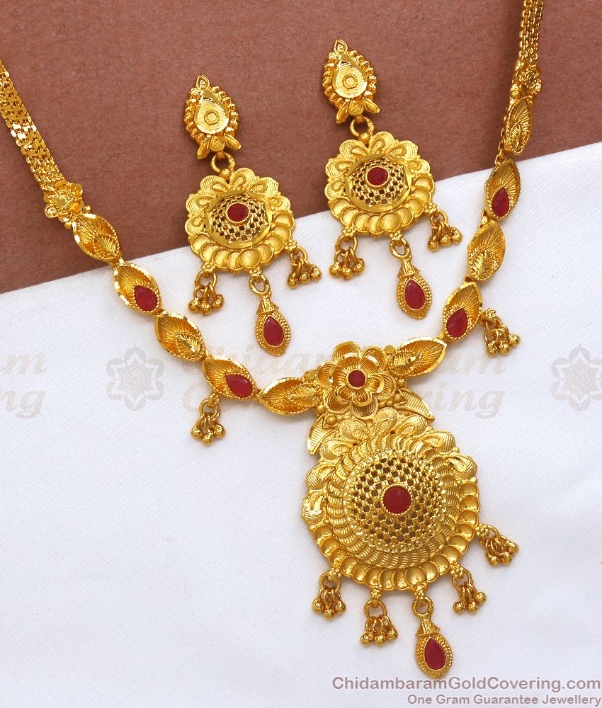 Real Gold Pattern 2 Gram Gold Stone Necklace Earring Combo NCKN2815