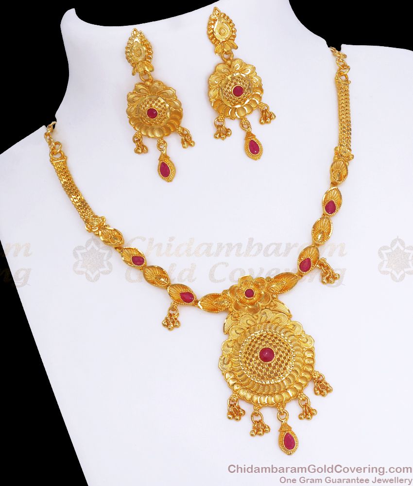 Real Gold Pattern 2 Gram Gold Stone Necklace Earring Combo NCKN2815