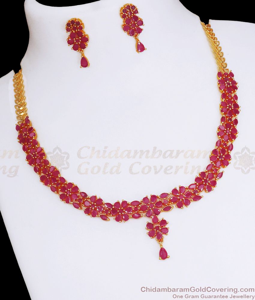 Full Ruby Stone Floral Gold Plated Necklace Earring Combo NCKN2820