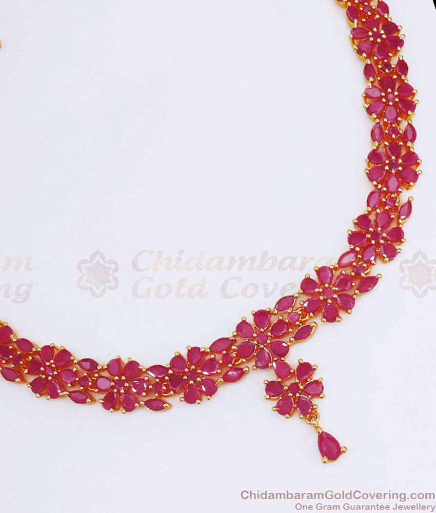 Full Ruby Stone Floral Gold Plated Necklace Earring Combo NCKN2820