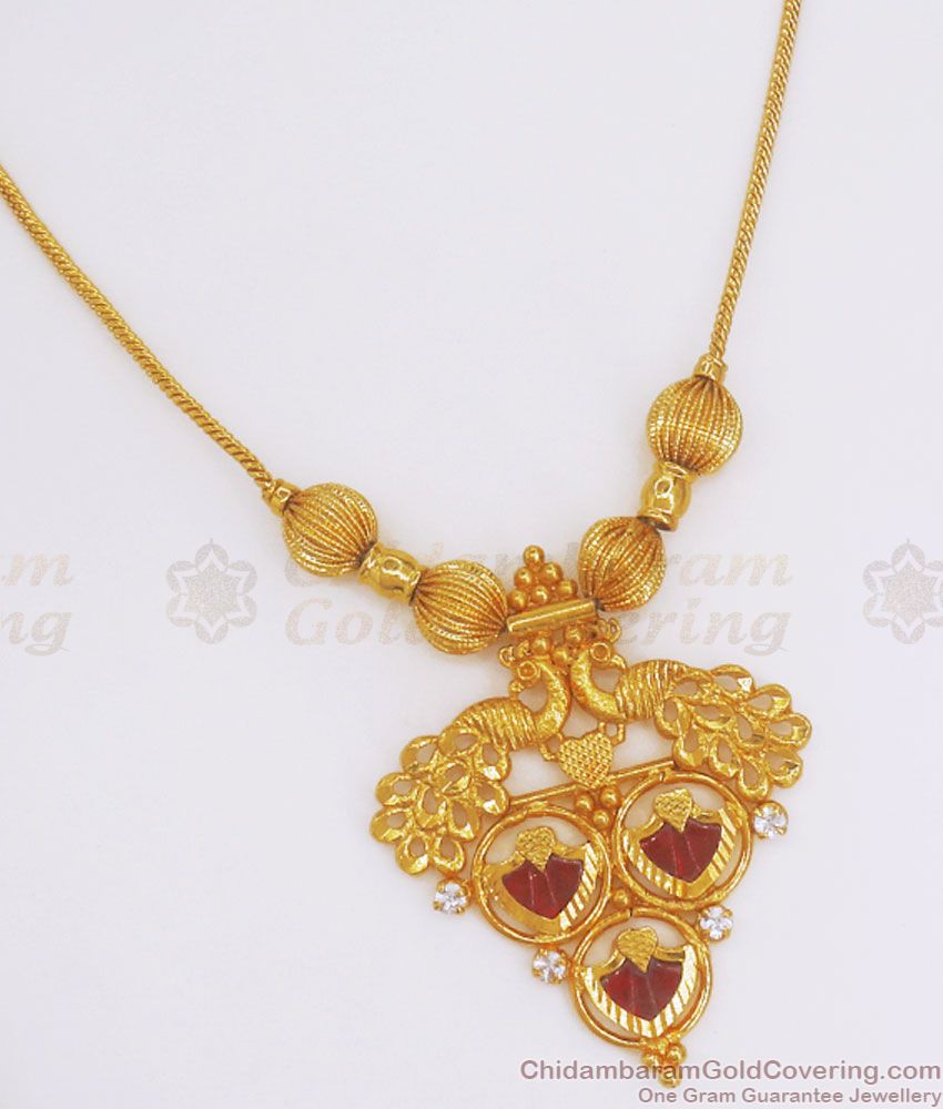 Stylish One Gram Gold Necklace Ruby Palakka Stone Kerala Design NCKN2835