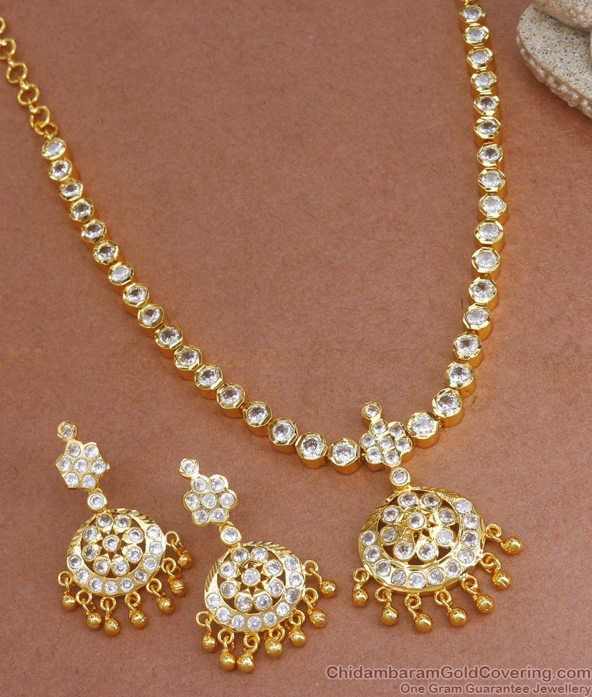 Traditional Impon White Attigai Gati Stone Necklace Earring Set NCKN2856