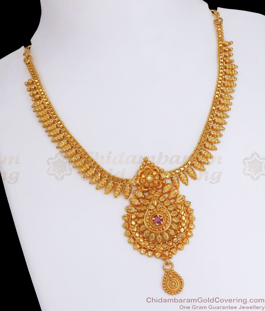 1 Gram Gold Mullaipoo Necklace Ruby Stone Kerala Design NCKN2860