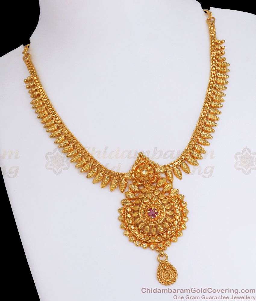 1 Gram Gold Mullaipoo Necklace Ruby Stone Kerala Design NCKN2860 1 Gram Gold Mullaipoo Necklace Ruby Stone Kerala Design NCKN2860