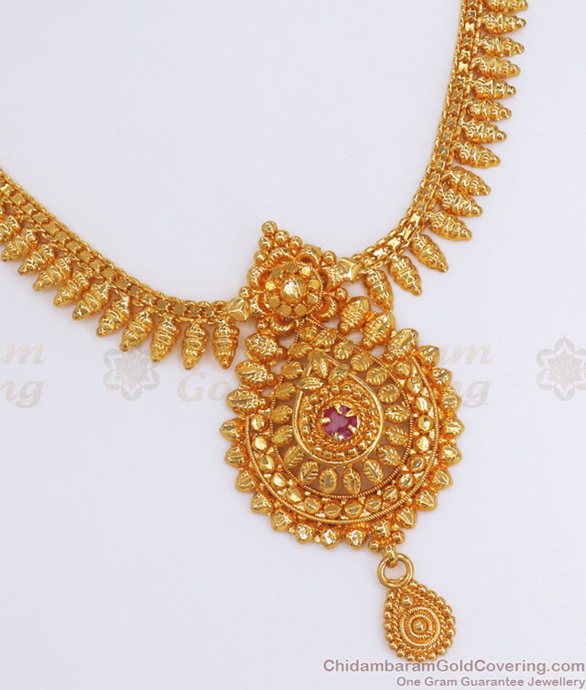 1 Gram Gold Mullaipoo Necklace Ruby Stone Kerala Design NCKN2860