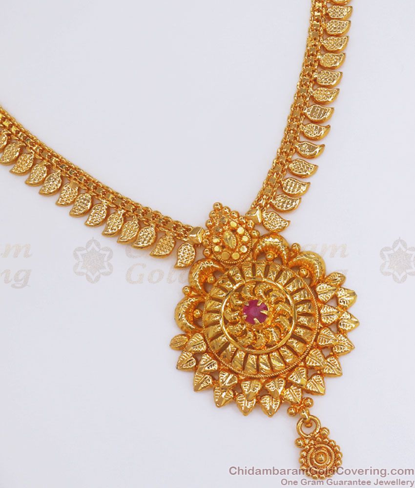 Real Gold Necklace Like Imitation Jewelry Mango Pattern With Ruby Stone NCKN2861
