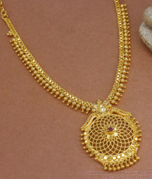 Kerala Pattern 1 Gram Gold Beaded Necklace Ruby Stone NCKN2863 Kerala Pattern 1 Gram Gold Beaded Necklace Ruby Stone NCKN2863