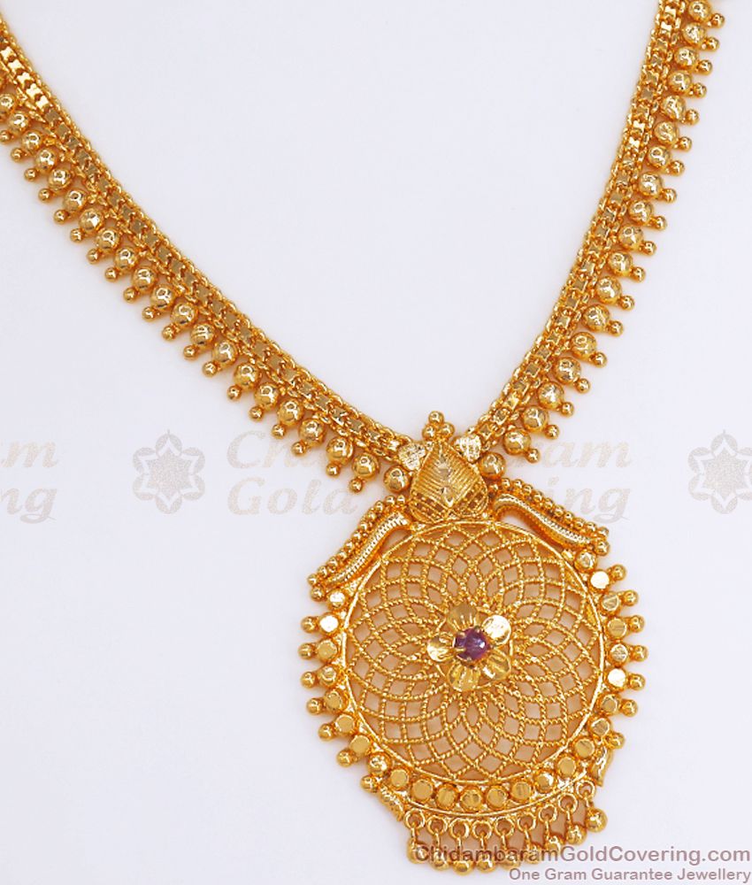 Kerala Pattern 1 Gram Gold Beaded Necklace Ruby Stone NCKN2863