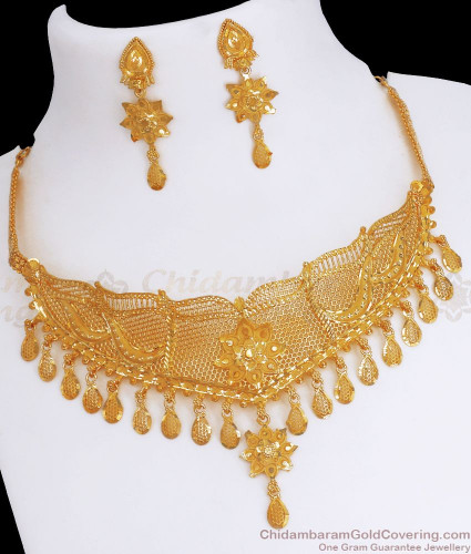 Dubai Collections Two Gram Gold Choker Necklace Earring Combo Set