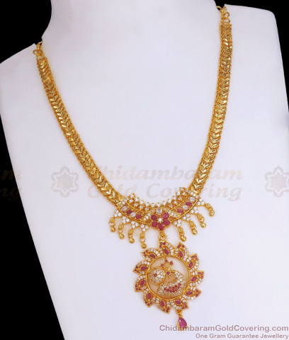 Gold-Plated Green & White Stone Long Necklace Set