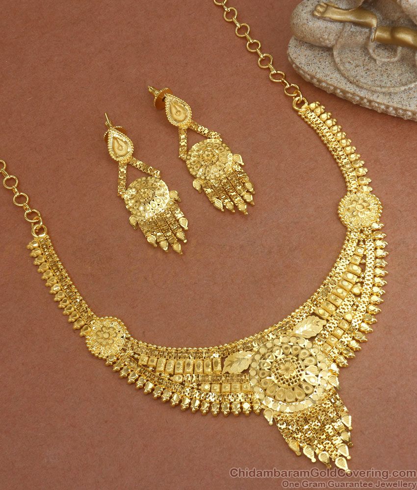 Two Gram Gold Calcutta Pattern Forming Necklace Earring Combo Set NCKN2923 Two Gram Gold Calcutta Pattern Forming Necklace Earring Combo Set NCKN2923