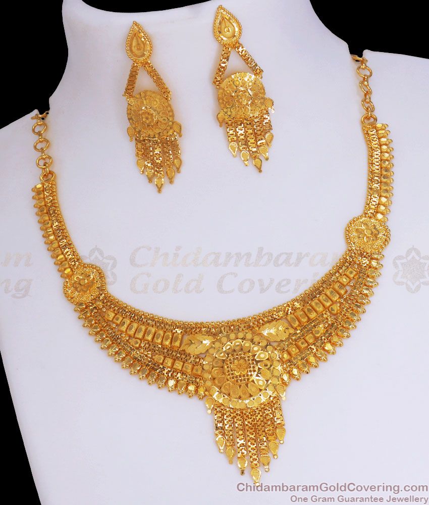 Two Gram Gold  Calcutta Pattern Forming Necklace Earring Combo Set NCKN2923